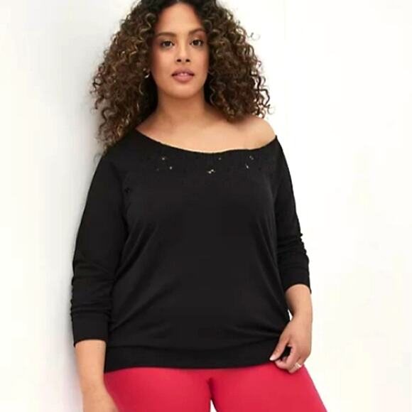 TORRID SWEATER SIZE 2X OFF SHOULDER EMBROIDERED SWEATSHIRT FRENCH TERRY BLACK - Picture 1 of 6